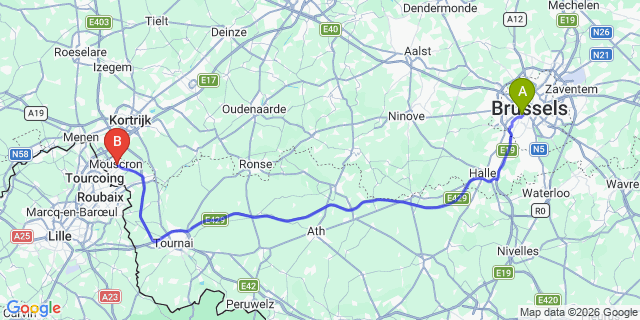 Map: Brussels Midi Train Station to Mouscron