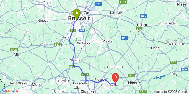 Map: Brussels Midi Train Station to Moustier-sur-Sambre
