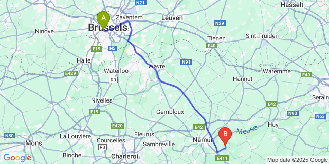 Map: Mozet to Brussels Midi Train Station