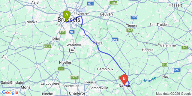 Map: Brussels Midi Train Station to Namur
