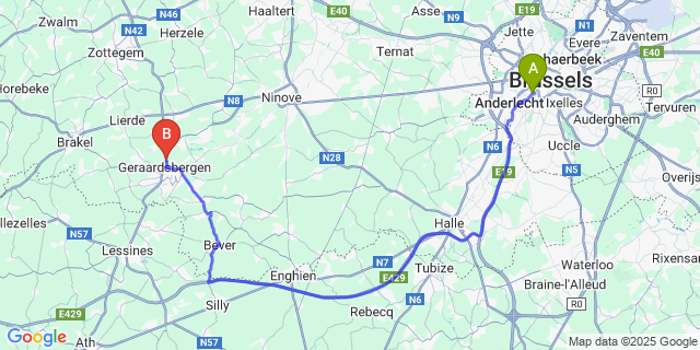 Map: Brussels Midi Train Station to Nederboelare
