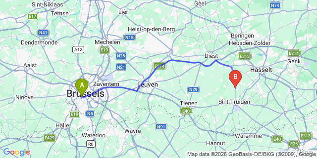 Map: Brussels Midi Train Station to Nieuwerkerken