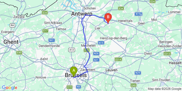 Map: Brussels Midi Train Station to Nijlen