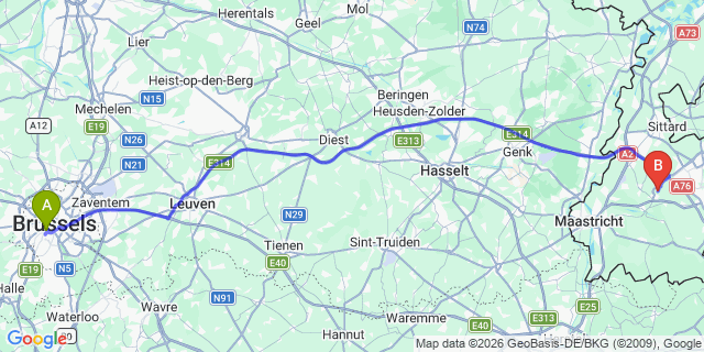 Map: Brussels Midi Train Station to Nijmegen