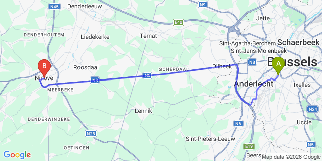 Map: Brussels Midi Train Station to Ninove