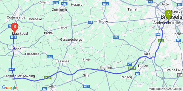 Map: Brussels Midi Train Station to Nukerke
