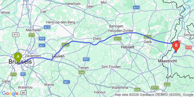 Map: Nunspeet to Brussels Midi Train Station