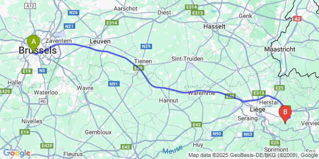 Map: Brussels Midi Train Station to Olne