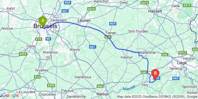 Map: Brussels Midi Train Station to Ombret-Rawsa