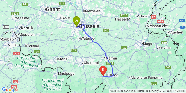Map: Brussels Midi Train Station to Onhaye