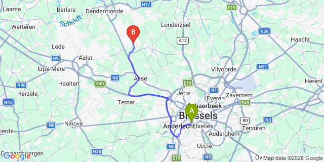 Map: Brussels Midi Train Station to Opwijk