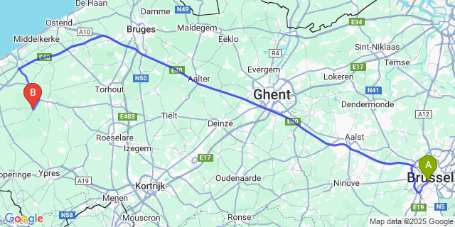 Map: Brussels Midi Train Station to Oudekapelle