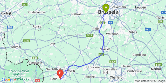 Map: Brussels Midi Train Station to Pâturages