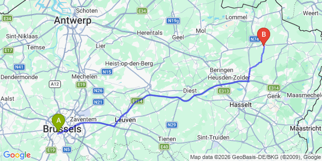 Map: Brussels Midi Train Station to Peer