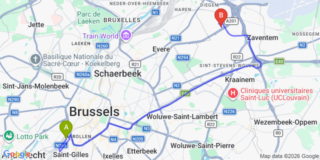 Map: Brussels Midi Train Station to Pentahotel Brussels Airport