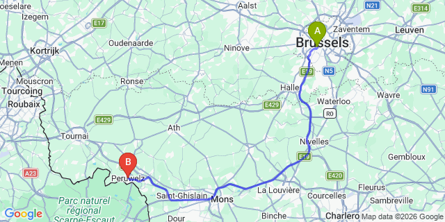 Map: Brussels Midi Train Station to Péruwelz