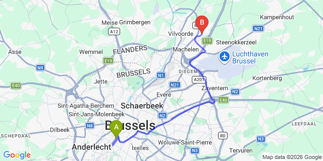 Map: Brussels Midi Train Station to Peutie