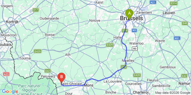 Map: Brussels Midi Train Station to Pommeroeul