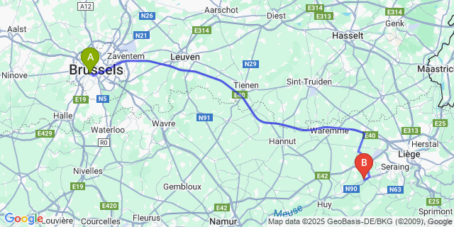 Map: Brussels Midi Train Station to Prayon