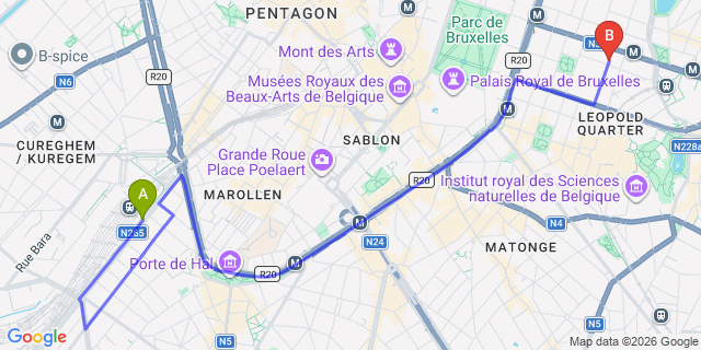 Map: Brussels Midi Train Station to Residence EU, Brussels