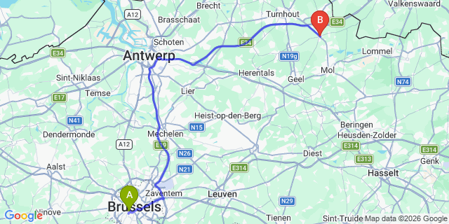 Map: Brussels Midi Train Station to Retie