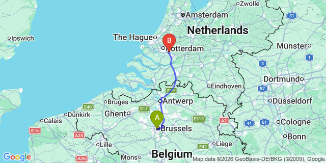 Map: Brussels Midi Train Station to Ridderkerk