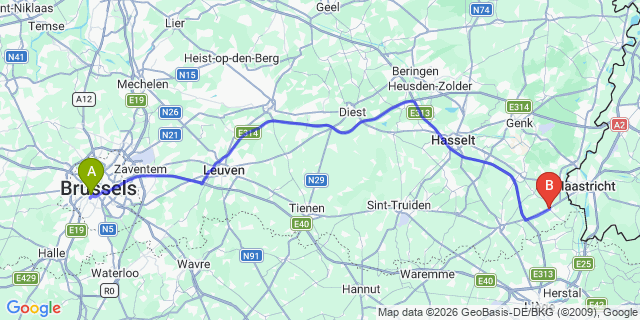 Map: Brussels Midi Train Station to Riemst