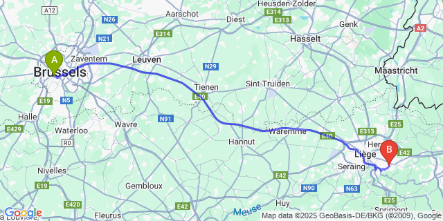Map: Brussels Midi Train Station to Romsée