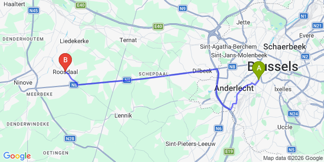 Map: Brussels Midi Train Station to Roosdaal