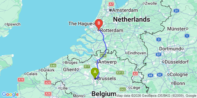 Map: Rotterdam to Brussels Midi Train Station