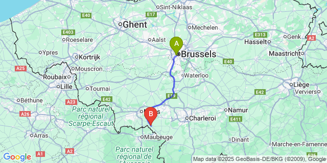 Map: Brussels Midi Train Station to Rouveroy