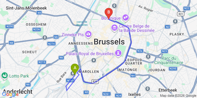 Map: Brussels Midi Train Station to Royal Hotel, Brussels