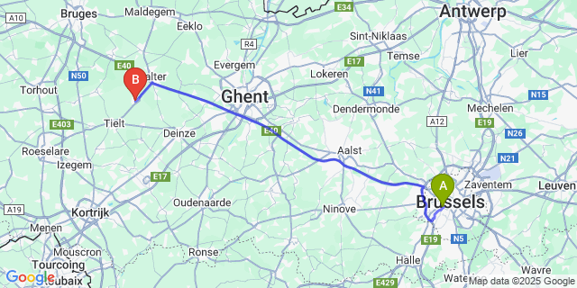 Map: Brussels Midi Train Station to Ruiselede