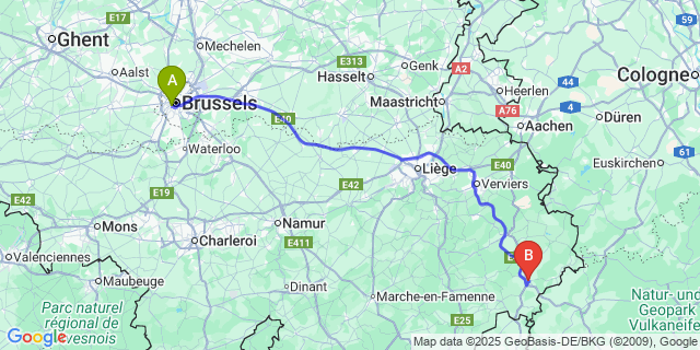 Map: Brussels Midi Train Station to Sankt-Vith