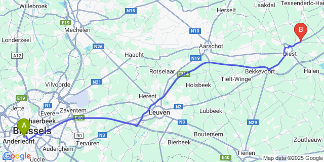 Map: Brussels Midi Train Station to Schaffen