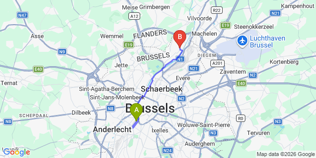 Map: Schiedam to Brussels Midi Train Station