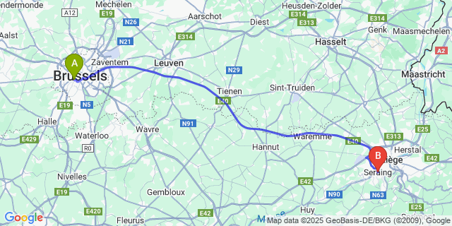 Map: Brussels Midi Train Station to Seraing