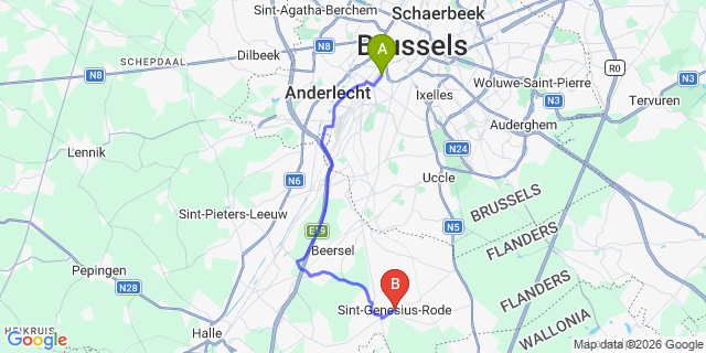 Map: Brussels Midi Train Station to Sint-Genesius-Rode