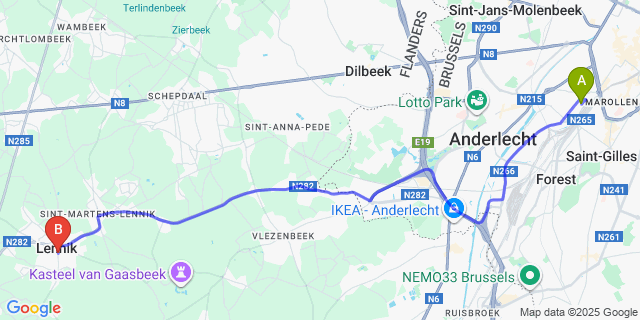 Map: Brussels Midi Train Station to Sint-Kwintens-Lennik