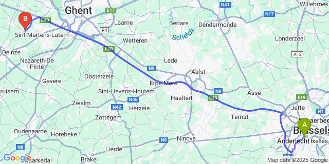 Map: Brussels Midi Train Station to Sint-Martens-Leerne