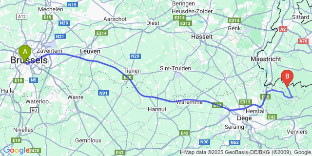 Map: Brussels Midi Train Station to Sint-Martens-Voeren