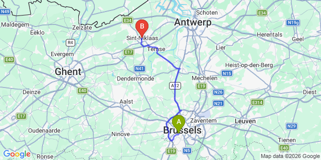 Map: Brussels Midi Train Station to Sint-Niklaas
