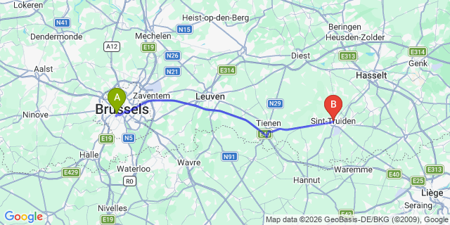 Map: Brussels Midi Train Station to Sint-Truiden