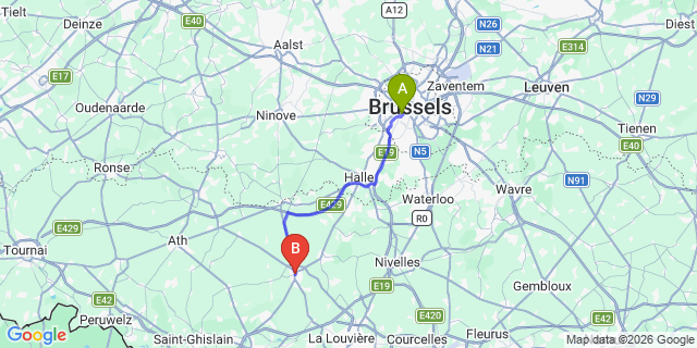 Map: Brussels Midi Train Station to Soignies