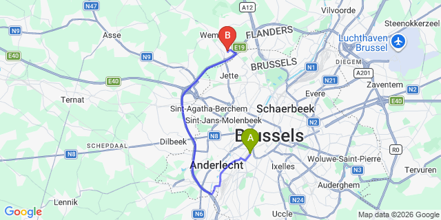Map: Steenbergen to Brussels Midi Train Station