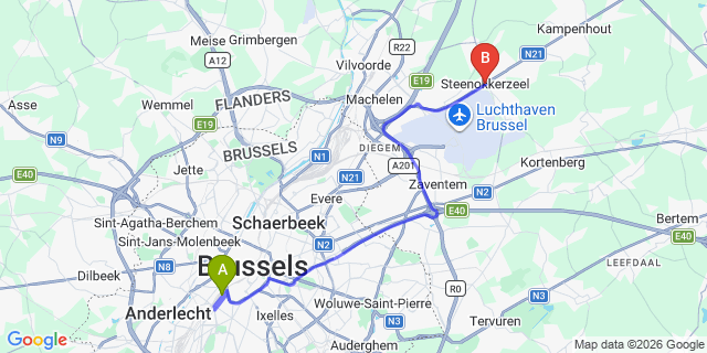 Map: Brussels Midi Train Station to Steenokkerzeel