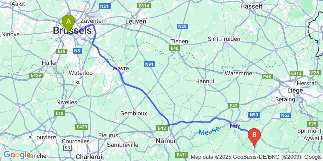 Map: Brussels Midi Train Station to Terwagne
