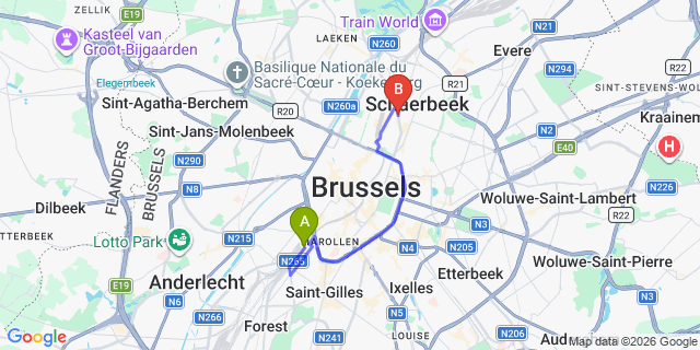 Map: Brussels Midi Train Station to The Helmet Hotel, Brussels