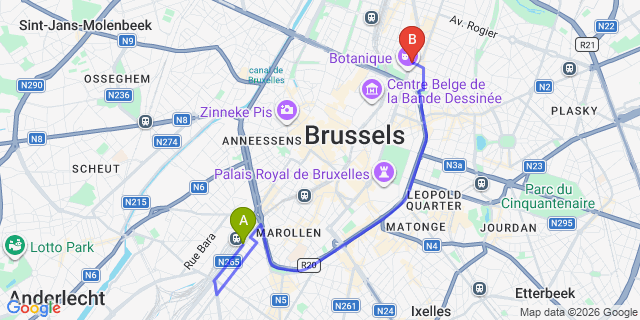 Map: Brussels Midi Train Station to The Liman Hotel, Brussels