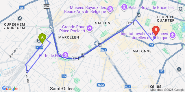 Map: Brussels Midi Train Station to Thon Residence Parnasse, Brussels
